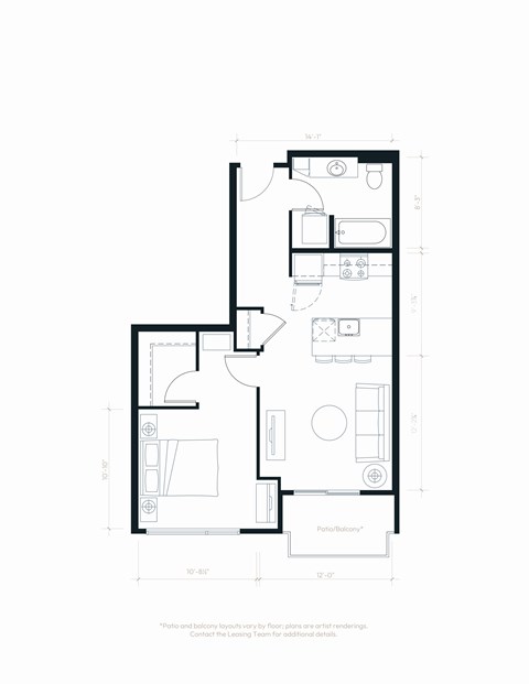 Floor plan for 1 bed, 1 bath, 636 sqft